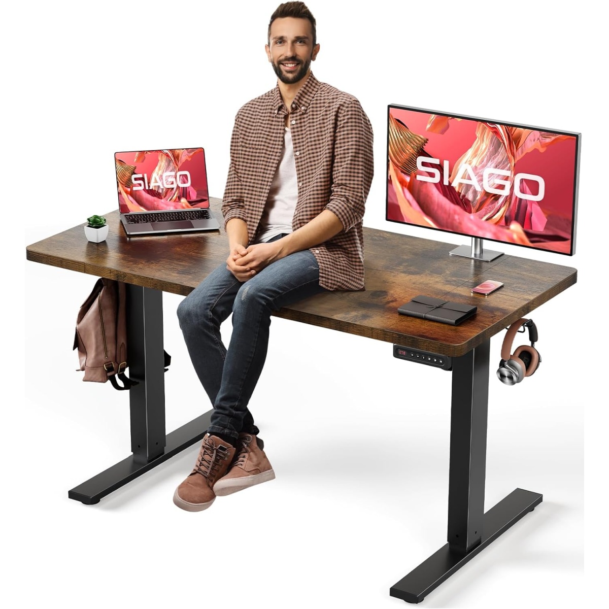 SIAGO Electric Standing Desk, 55 x 28 Inches Height Adjustable Desk with Upper Double Drawers and Under-Desk Cable Management Tray, Sit Stand Desk with Splice Board for Home Office, Black